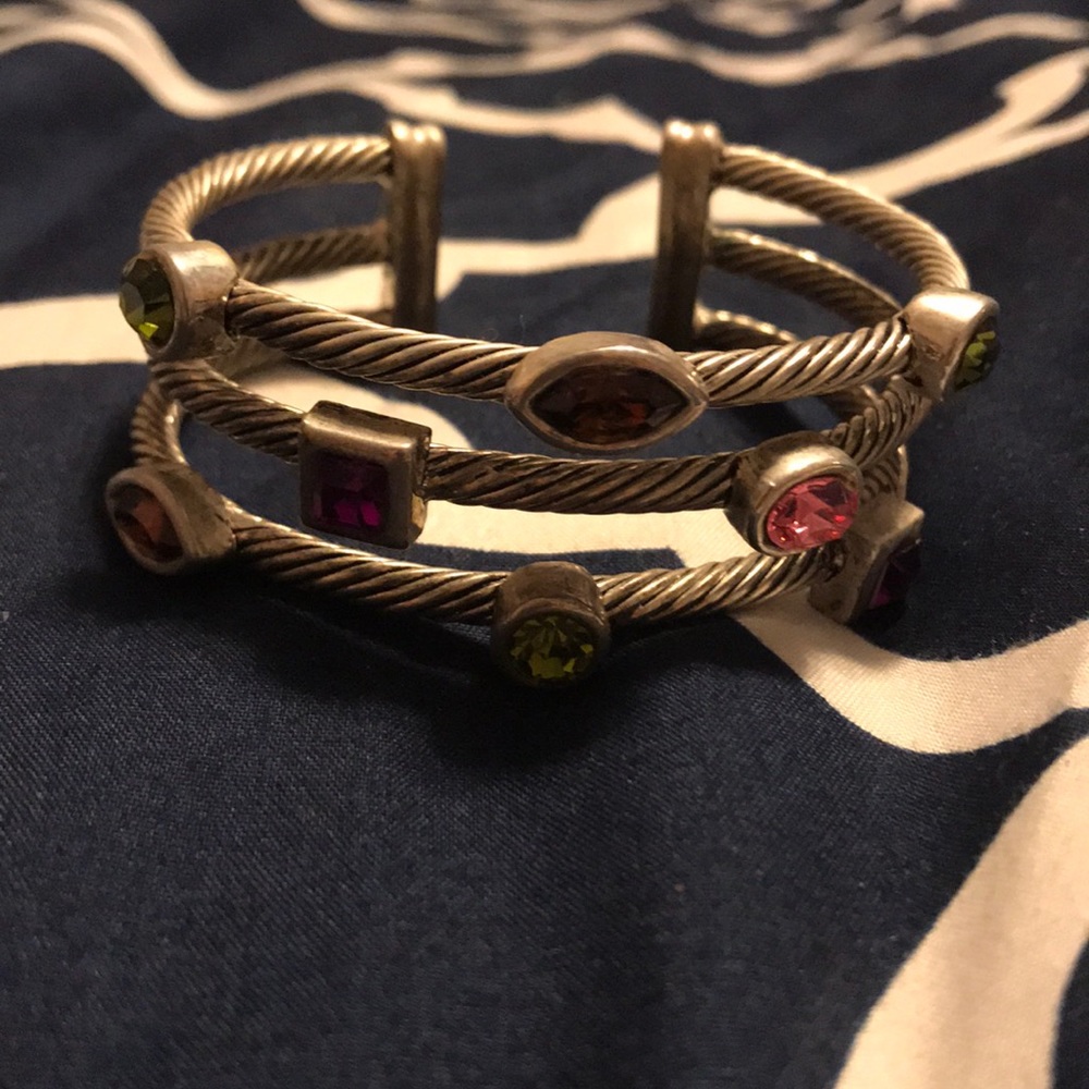 Silvertone Cuff Bracelet Pink Purple Green Brown